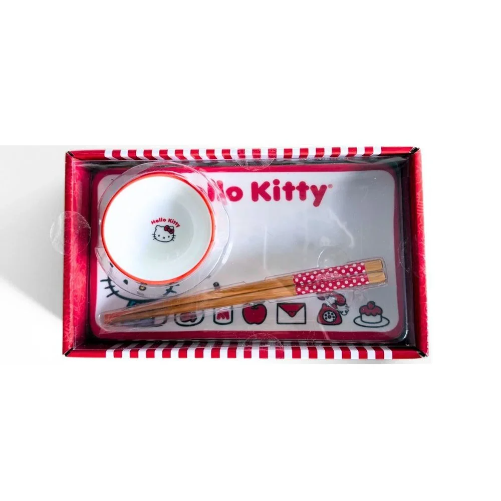 HELLO KITTY Sanrio Red and White Ceramic Sushi Plate Bowl Chopsticks Set NEW